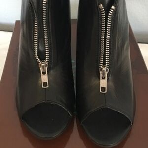 Black Leather Zip-Up Block Heels